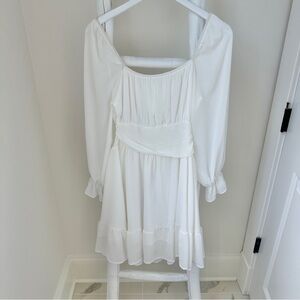 Exlura Long Lantern Sleeve Square Neck Elastic Waist Aline Casual Mini Dress